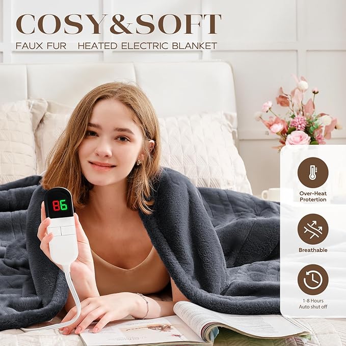 Premium Heated Blanket King 90"×100",Ultra Cosy Soft with 8 Heating Levels,Dual Control Plush Fast Heating Faux Rabbit Fur Blanket for Bed - Auto Shut Off,Machine Washable(Grey)