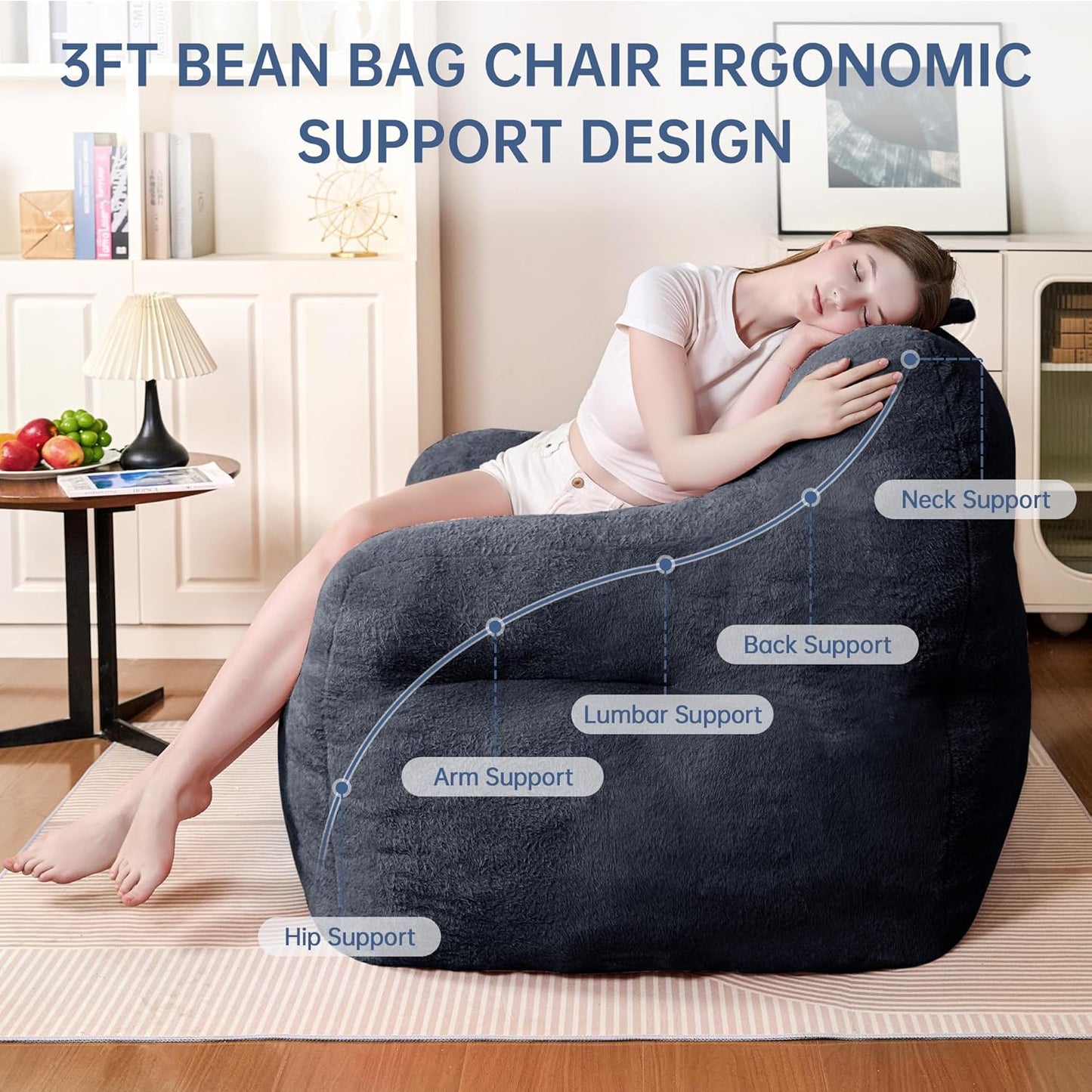 Blue Bean Bag Chair Ultra-Soft Faux Fur Large Bean Bag Couch - Plush Memory Foam BeanBag Chair with Filling, Bedroom Comfy Chair for Adults, Teens, Kids (Blue)