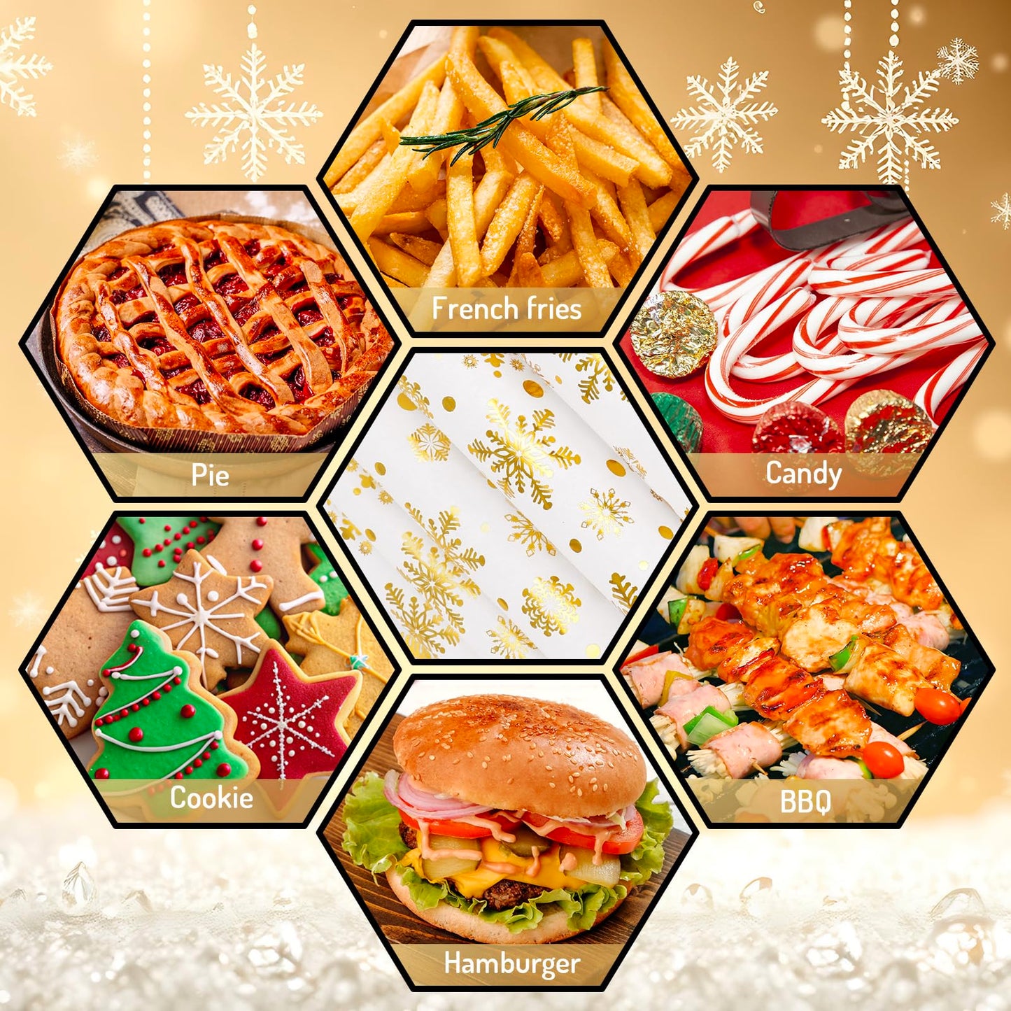 JarThenaAMCS 150 Sheet Christmas Wax Papers Deli Paper Winter Foil Gold Snowflake Paper Food Wrapping Tissue Basket Liner for Xmas Holiday Home Kitchen Restaurant Baking