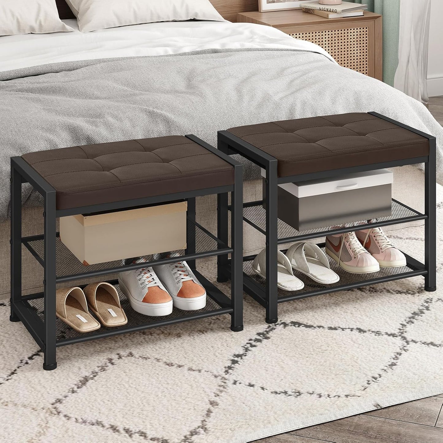 HOOBRO Small Shoe Bench, 3-Tier Shoe Rack, Shoe Storage Bench with PU Seat Cushion, Entryway Shoe Rack Bench with Metal Mesh Shelves, Freestanding Shoe Organizer for Hallway, Brown CB33HX01