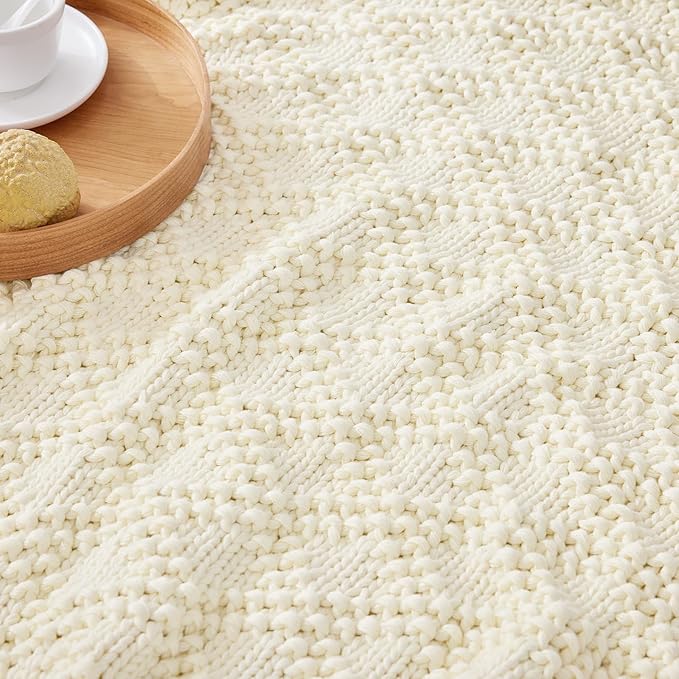 Knitted Weighted Blanket for Adult, Chunky Knit Weighted Throw for Sleep 60"*80" 17lbs, Cooling Breathable Machine Washable Heavy Blanket for Room Decor (Ivory White, Queen)