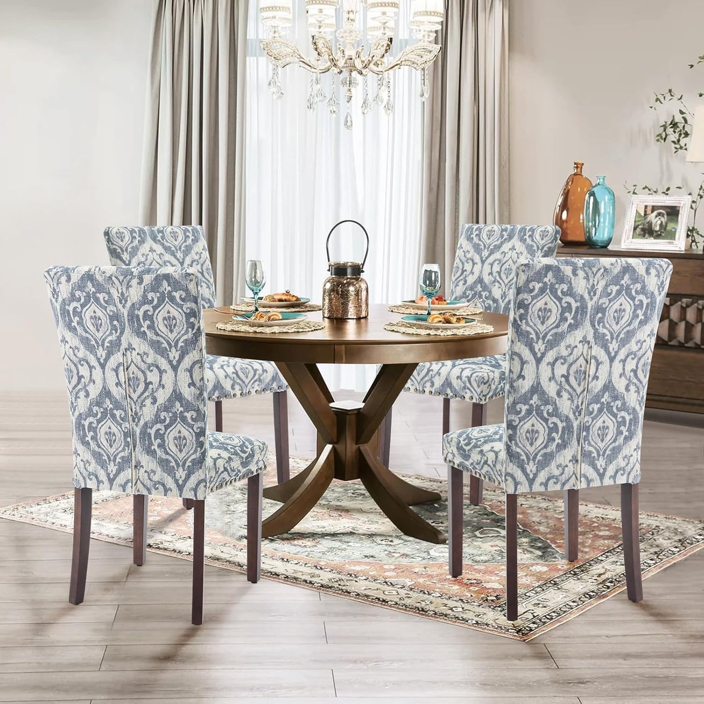 Parsons Dining Chairs Set of 2, Upholstered Nailhead Dining Room Kitchen Side Chair with Thick Cushions and Wood Legs, White/Blue