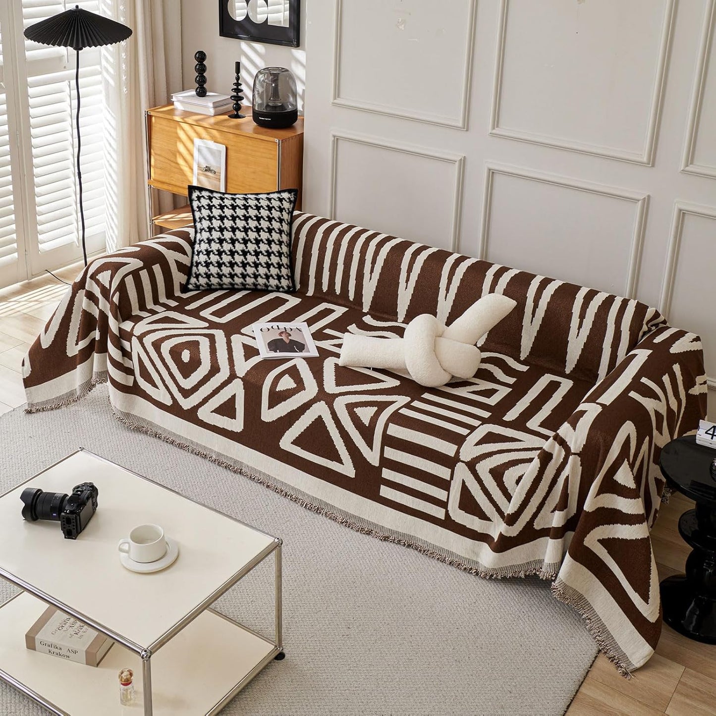 STACYPIK Soft Breathable Boho Chocolate Sofa Cover Stain Resistant Furniture Protector for 3 Cushion Couch Washable Sofa Cover for Dogs Cats Dark Khaki Reversible Sectional Covers for Sofa-91X134IN