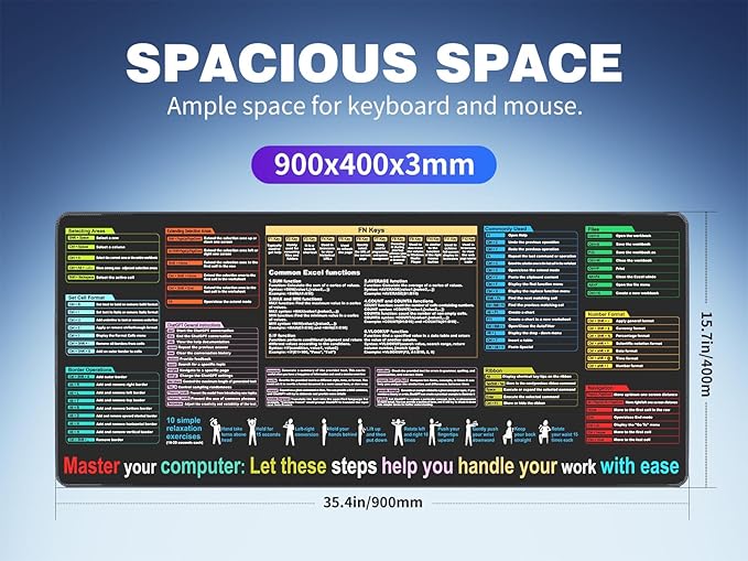 Excel Cheat Sheet Desk pad—Contains 9 Major Excel Function modules|Large XXL Size（35.45 * 15.75 inch）|Desk mat for Keyboard and Mouse|Work、Study、Gaming Mouse pad|Waterproof、Anti-Slip Large Mouse