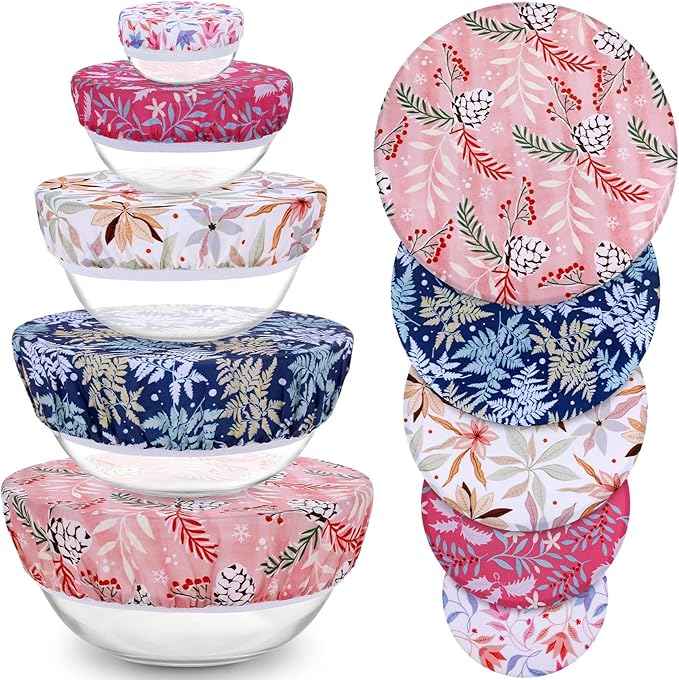 5-Size Beeswax Bowl Covers for Bread Proofing, Reusable Cotton Cloth Bowl Covers, Flexible Beeswax Wraps for Food Storage Christmas Holiday Kitchen Decor(Pinecones)