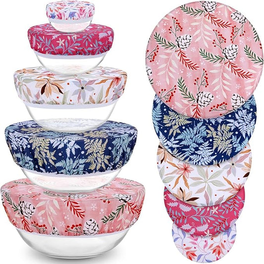 5-Size Beeswax Bowl Covers for Bread Proofing, Reusable Cotton Cloth Bowl Covers, Flexible Beeswax Wraps for Food Storage Christmas Holiday Kitchen Decor(Pinecones)