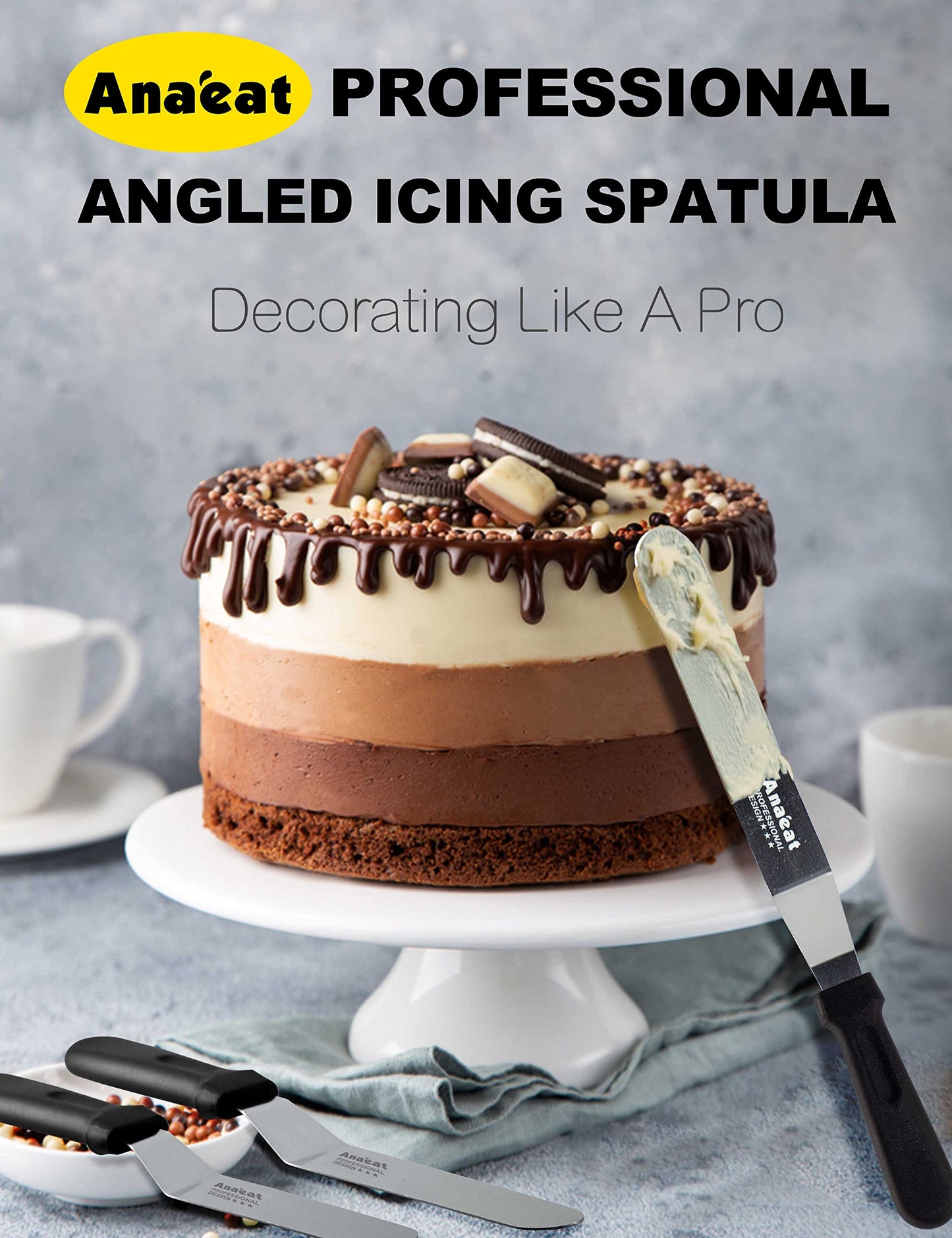 Anaeat Icing Spatulas, Set of 3 Professional Cake Angled Offset Spatula with 6", 8", 10" Stainless Steel Blades - Thickened Frosting Knife with Plastic Handle for Cake Decorating, Pastry & Baking