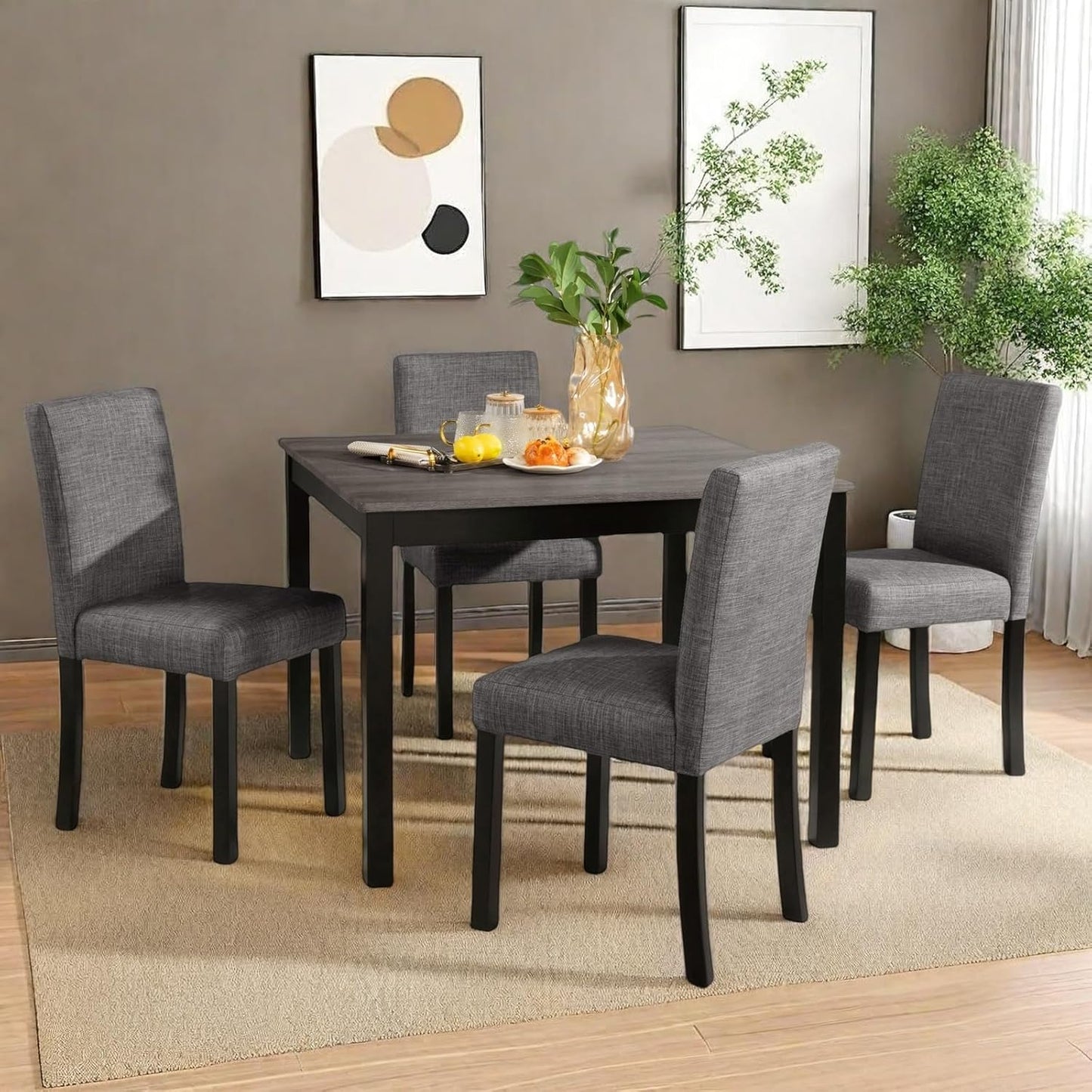 Dining Table Set for 4, 5-Piece Kitchen Table & Chairs Set with Square Wooden Table & 4 Upholstered Chairs, 29.8'' Dinner Set with Solid Wood Legs & Curved Backrest for Kitchen, Light Black