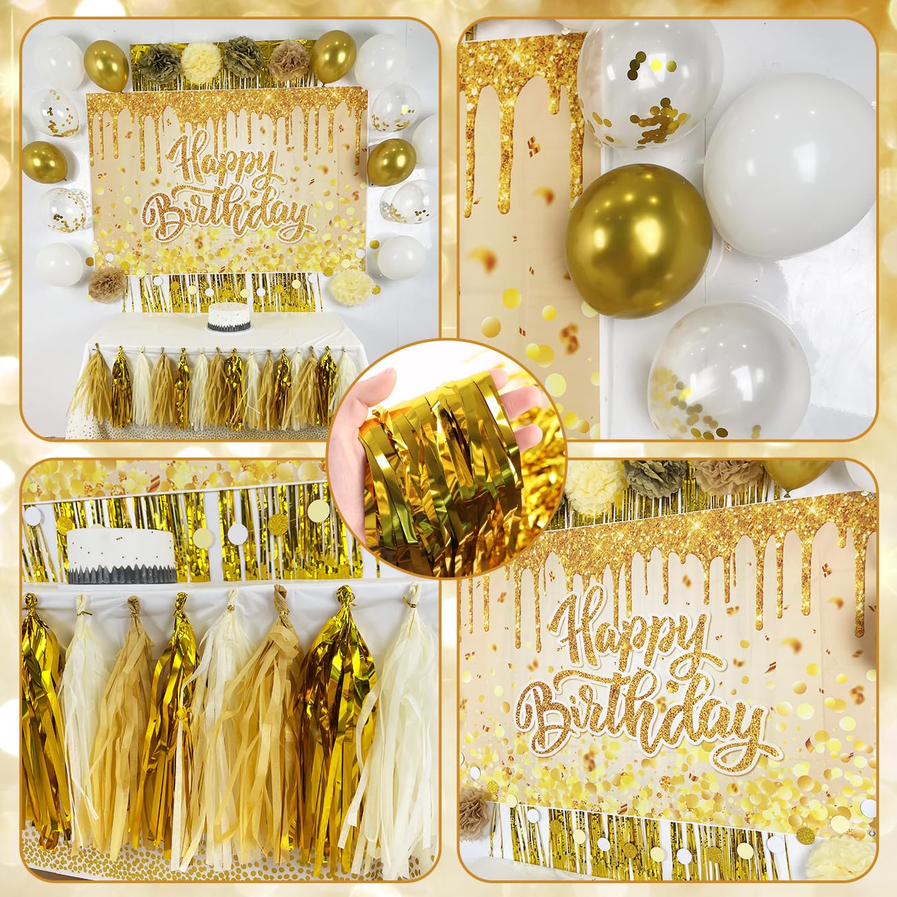 Gold Birthday Party Decorations Set for Women Girls - Happy Birthday Banner, Backdrop, White Balloons, Tassel Curtains, Dot Tablecloth - Party Supplies