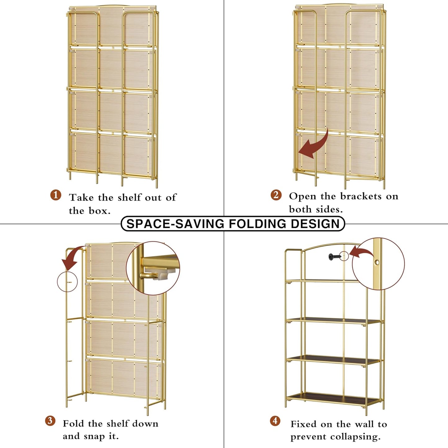 Crofy No Assembly Folding Bookshelf for Living Room, 4 Tier Gold Collapsible Book Shelf for Home Office, Portable Bookcase Storage Organizer