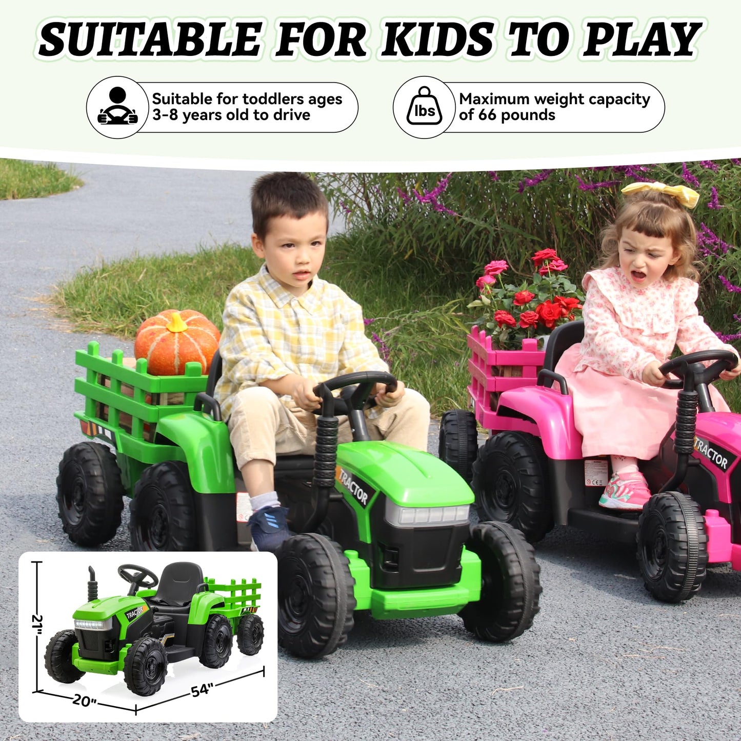 TOBBI Kids Electric Ride On Toy Tractor, Toddlers 12V Battery-Powered Car to Drive, 35W Dual Motor 6-Wheels Trailer Vehicle with 3-Speeds/LED & Horn Functions for Chirdren Aged 3-8-Pink