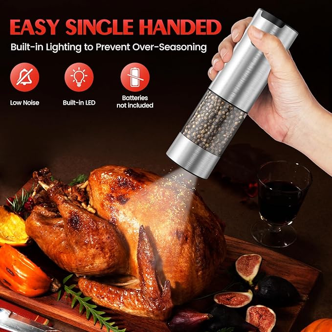 Salt and Pepper Grinder Set- Automatic Battery Pepper Mill Shakers Kitchen Essentials for New Home Housewarming, Adjustable Coarseness Upgraded Larger Capacity with Led for White Elephant Gifts