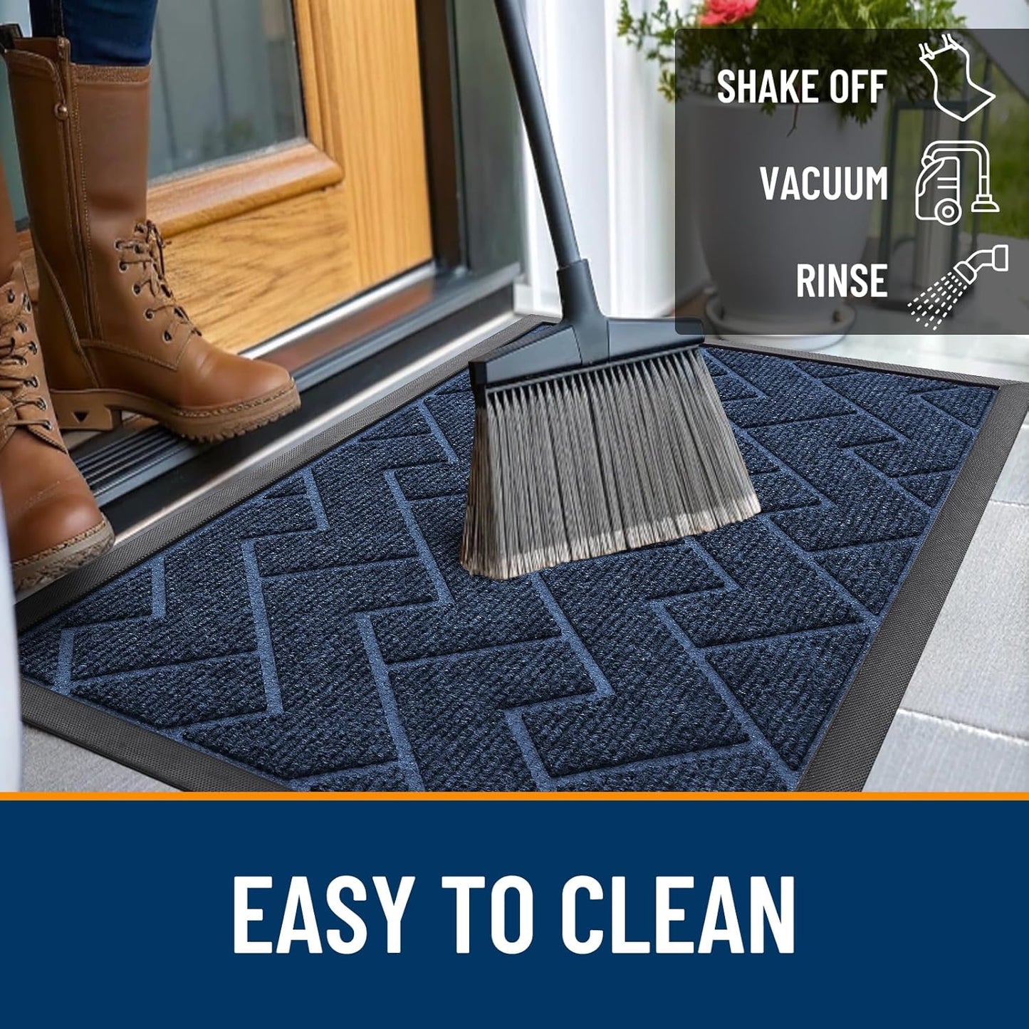 OLANLY Front Door Mat Indoor Outdoor Entrance, Waterproof All-Season, All-Weather Doormat, Sturdy Natural Rubber, Low Profile, Easy Clean Patio Porch Entryway Mat, Herringbone Brick (Blue, 71x23)