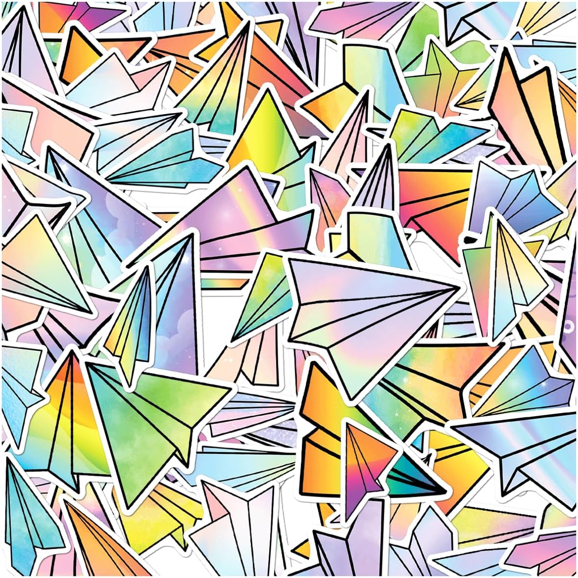 Colorful Holographic Paper Airplane Pattern Vinyl Stickers Pack for Laptops Water Bottles Skateboards Notebooks Kids Teens Students Collectors 50pcs Wall Decoration Car Hat