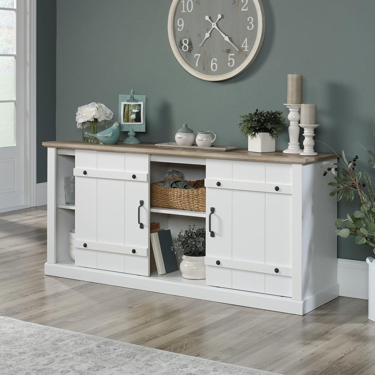 Sauder Miscellaneous Entertainment Farmhouse TV Stand, for TVs up to 70", Soft White Finish