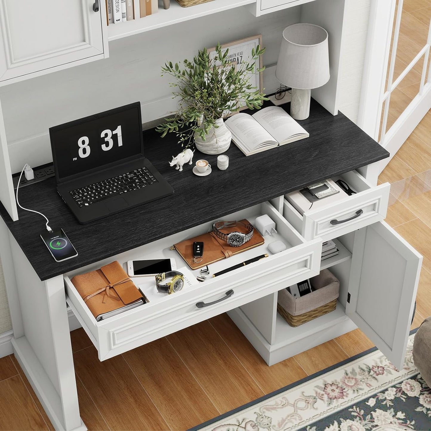Farmhouse 47" Executive Desk with Hutch, 2 Drawers and LED Light, Computer Desk with Storage Cabinet and Charging Station,Workstation for Home Office and Study.