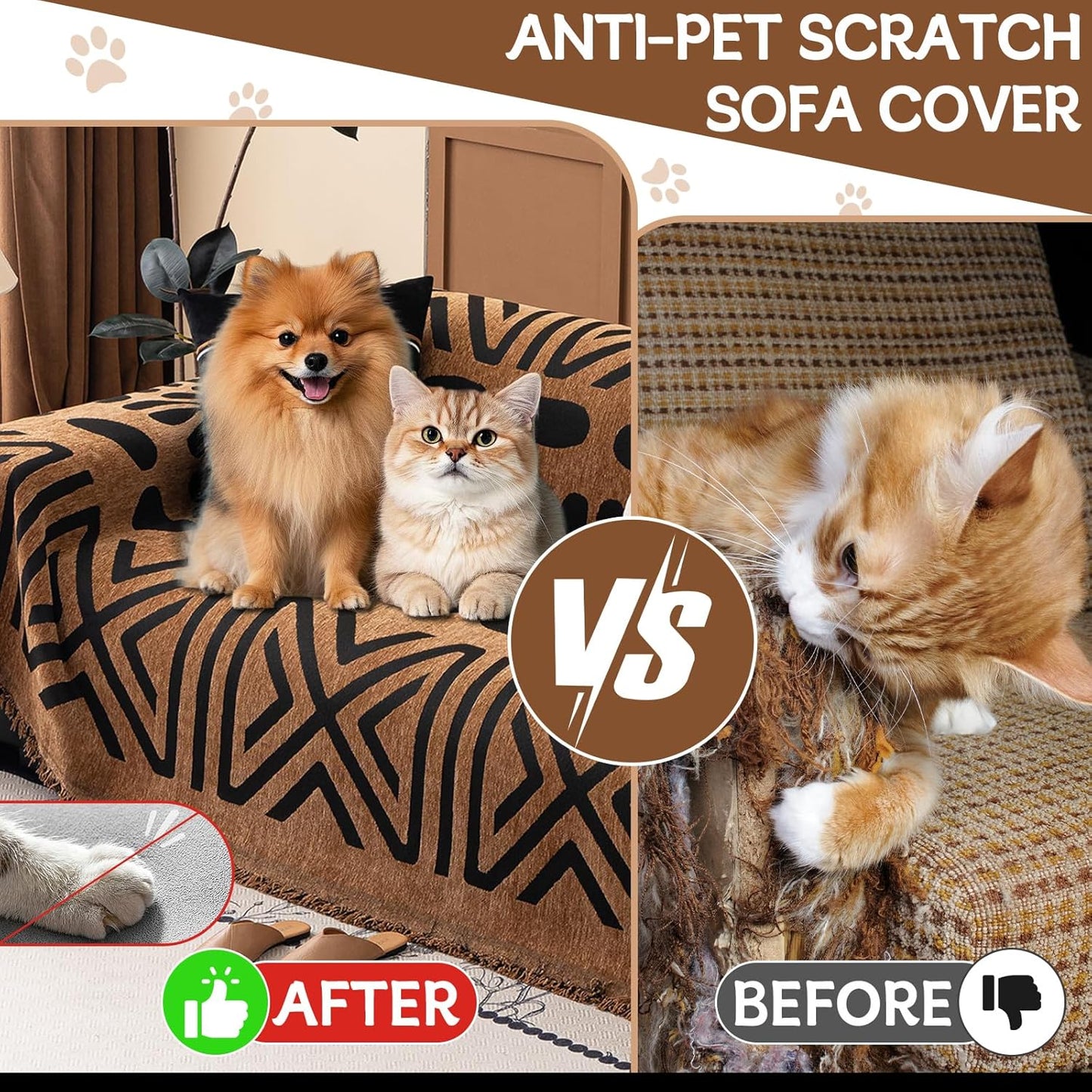 HANDONTIME Boho Couch Cover Geometric Striped Pet Covers for Couches and Sofas Copper Brown and Black Dog Cover for Couch Pet Friendly Chenille Sectional Sofa Covers for Pets Washable, 71" X 150"