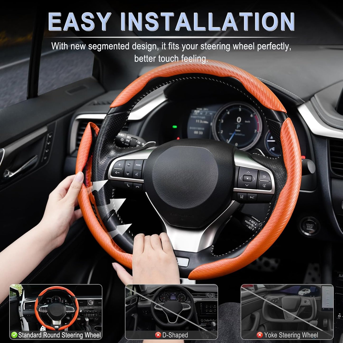 Amiss 3pcs Carbon Fiber Anti-Skid Steering Wheel Cover, Segmented & Butterfly Design, Universal 99% Car Wheel Cover Protector, Orange