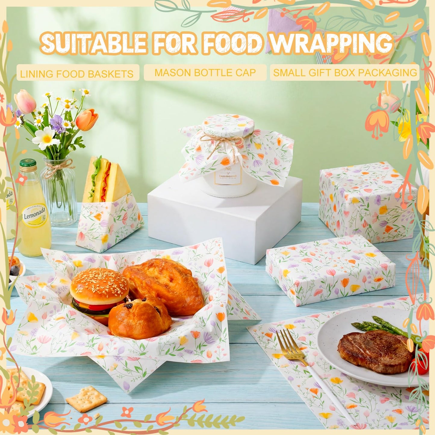 Humyoun 100 Sheet Spring Wildflower Wax Paper for Food Tissue Paper Gift Wrapping Floral DIY Baking Kitchen Package for Spring Wedding Picnic Hamburgers Sandwiches Desserts