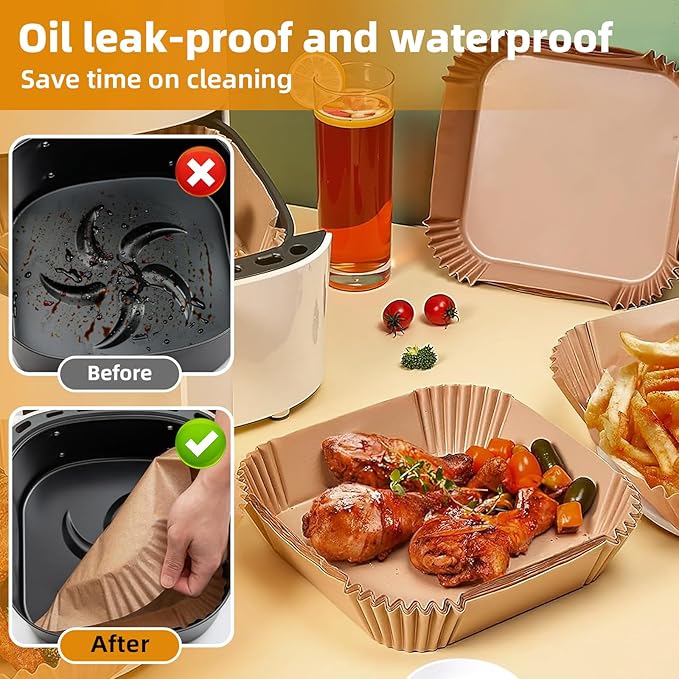 HONYAO Air Fryer Paper Liners 9 inch for 6-8 Qt Airfryer, 200pcs XL Square Disposable Insert