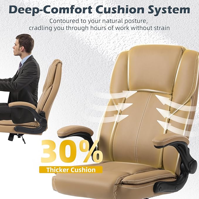 Office Chair - Executive Leather High Back Office Desk Chair with Rocking Function - Ergonomic Breathable Comfortable Wide Swivel Rolling Gaming Computer Chair with Flip-up Armrests & Lumbar Support