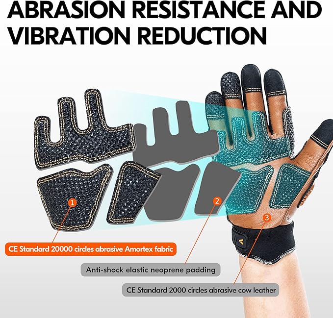 Vgo...…1Pair Leather Heavy Duty Work Gloves,Mechanics Gloves,Water Resistant,Impact Resistant,Anti-Vibration(CA7722WR)