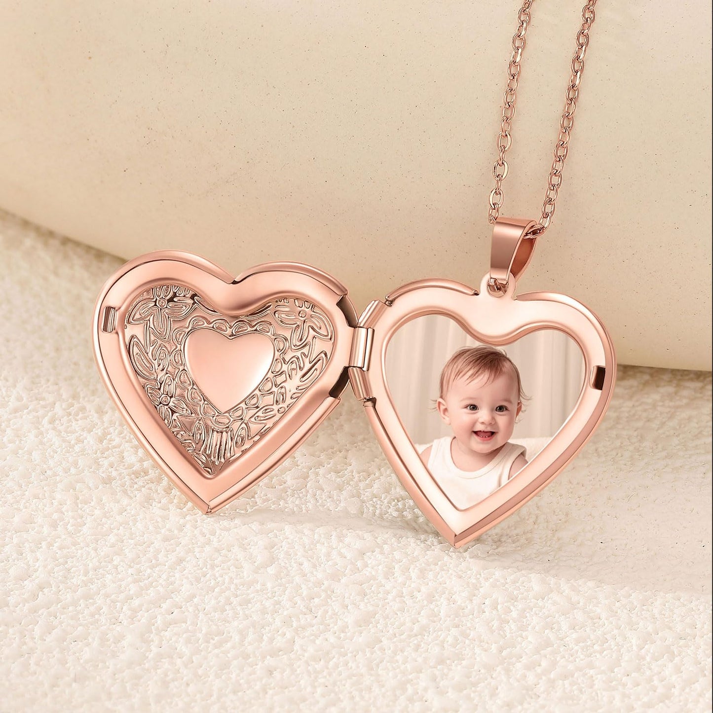 PHOCKSIN Rose Gold Heart Locket Necklace Flower Engraved Personalized Love Heart Necklace that Holds Pictures Customized Gifts Locket Necklaces for Women