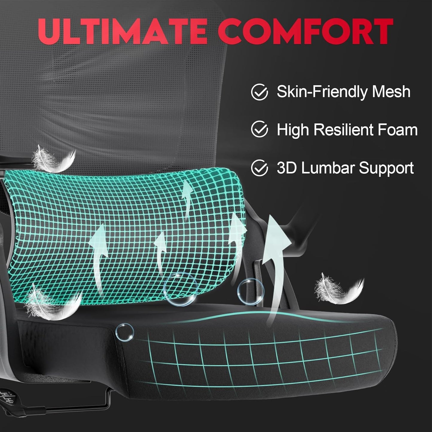 Big and Tall Ergonomic Office Chair，400LB Comfy Desk Chairs with Lumbar Back Support, Heavy Duty Mesh Computer Chairs with Wheels and Arms Comfortable for Home Office, Study, Bedroom