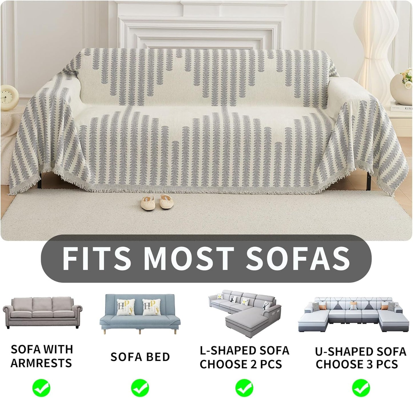 HAOMAIJIA Boho Sofa Covers Couch Covers for 3 Cushion Couch Sofa Pet Friendly Soft Thick Non Slip Couch Cover for Dogs Washable Sectional Couch Covers L Shape Furniture Protector (Grey, 71"x134")
