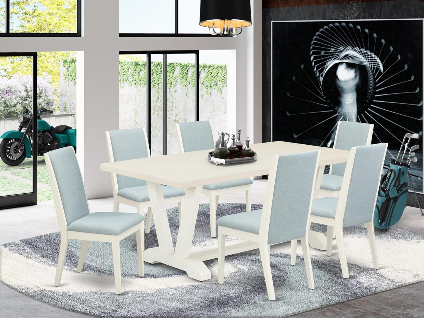 East West Furniture V027LA015-7 7 Piece Dining Table Set Consist of a Rectangle Dining Room Table with V-Legs and 6 Baby Blue Linen Fabric Parsons Chairs, 40x72 Inch, Multi-Color