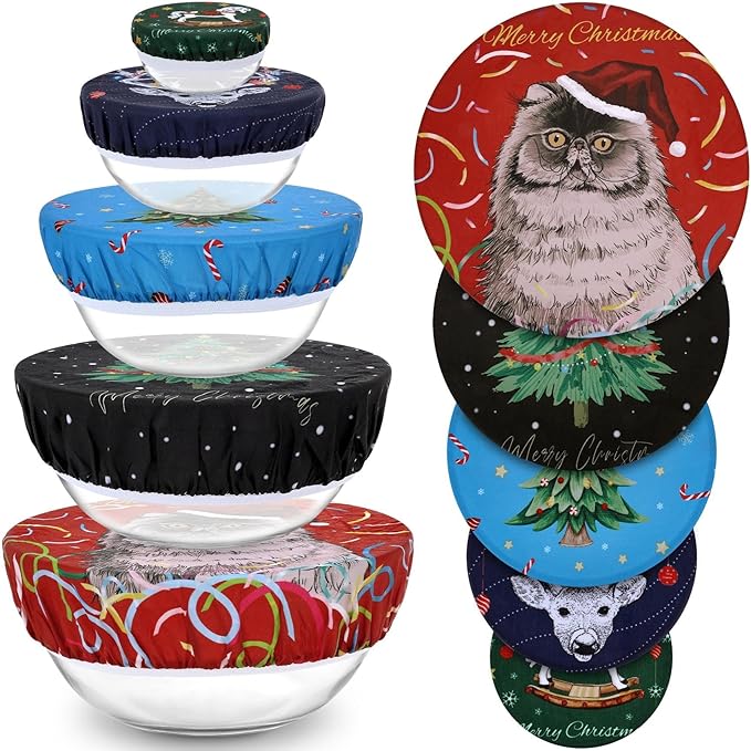 5-Size Beeswax Bowl Covers for Bread Proofing, Reusable Cotton Cloth Bowl Covers, Flexible Beeswax Wraps for Food Storage Christmas Holiday Kitchen Decor(Santa Kitty)