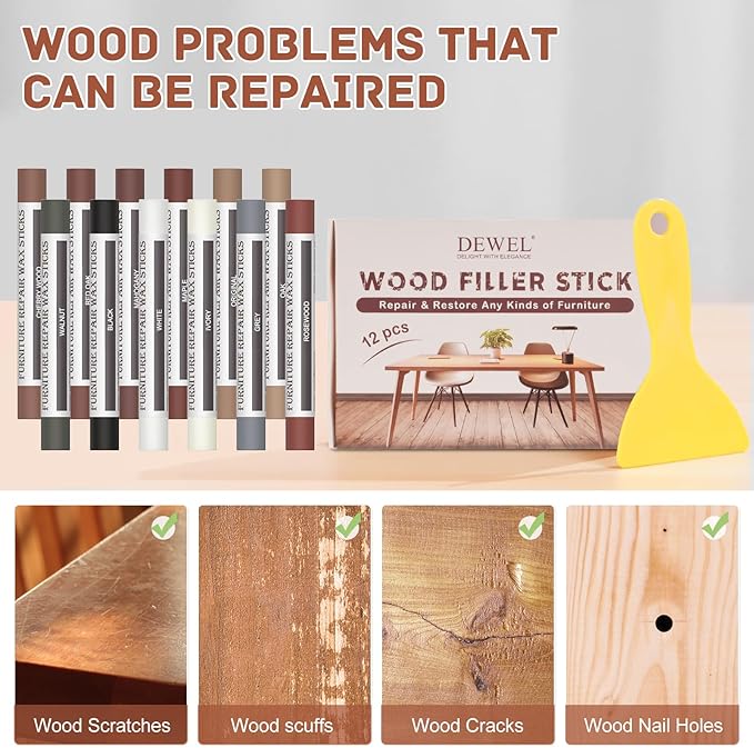 DEWEL Wood Filler Sticks, 12 Colors Wood Crayons for Scratches, Wood Floor Repair Wax Filler Sticks, Furniture Scratch Repair Crayons Kit for Tables, Holes, Scratches