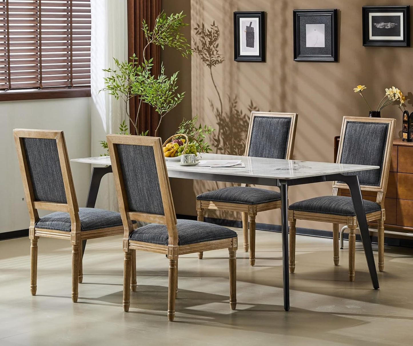 Merax Upholstered Solid Wood Dining Chairs Set of 4, French Country Style Accent Side Seating Furniture for Kitchen, Living Room, Cushioned Back, Blue Gray