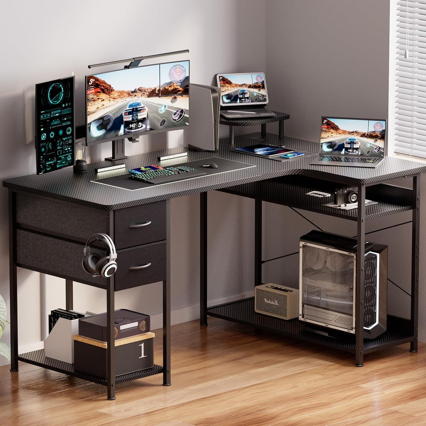 GTPLAYER L Shaped Desk with Drawers, Carbon Fiber Style Computer Desk with Monitor Shelf, Black Small L Shape Desk with Adjustable Open Storage Shelf, Corner PC Table for Small Space Home Office