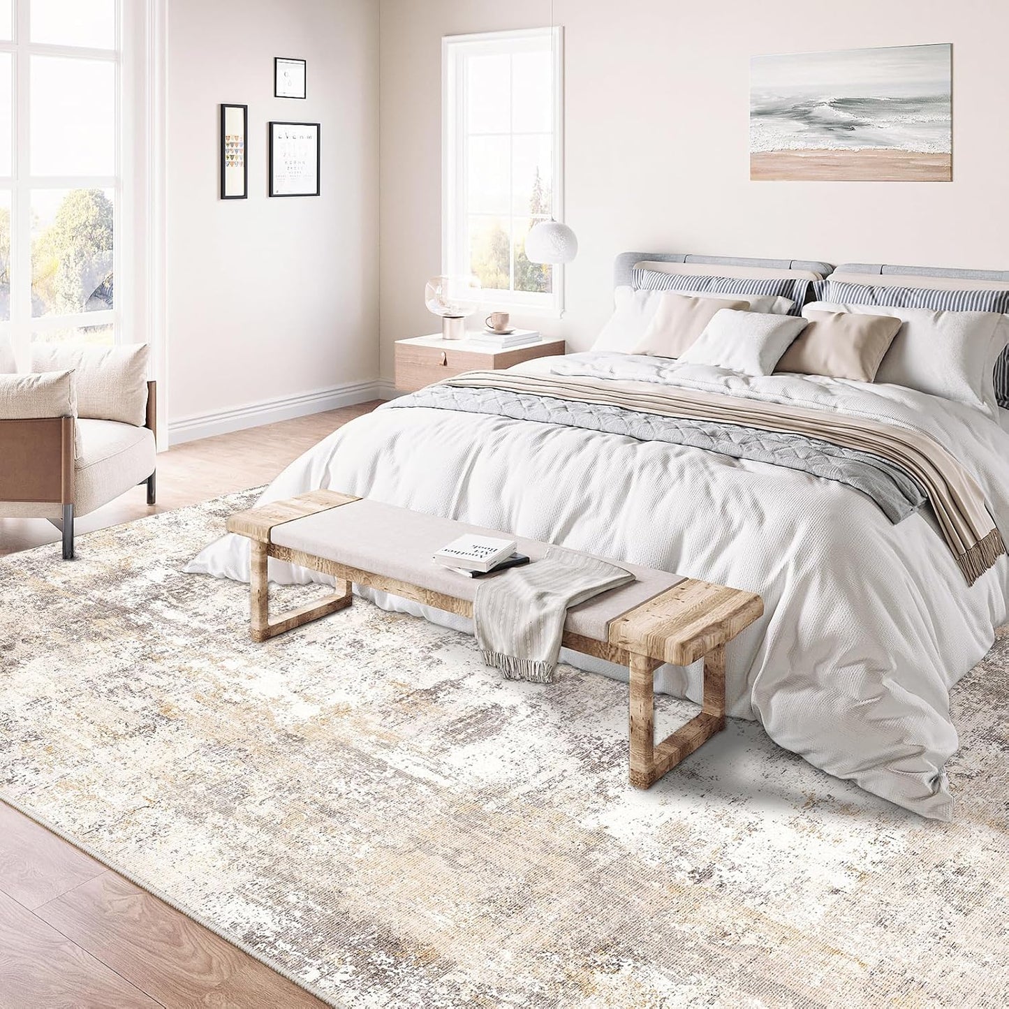 8x10 Washable Area Rug Beige Grey Neutral Abstract Living Room Bedroom Large Throw Rug Non Slip Soft Low Pile Indoor Floor Carpet for Dining Room Kitchen Office Entryway