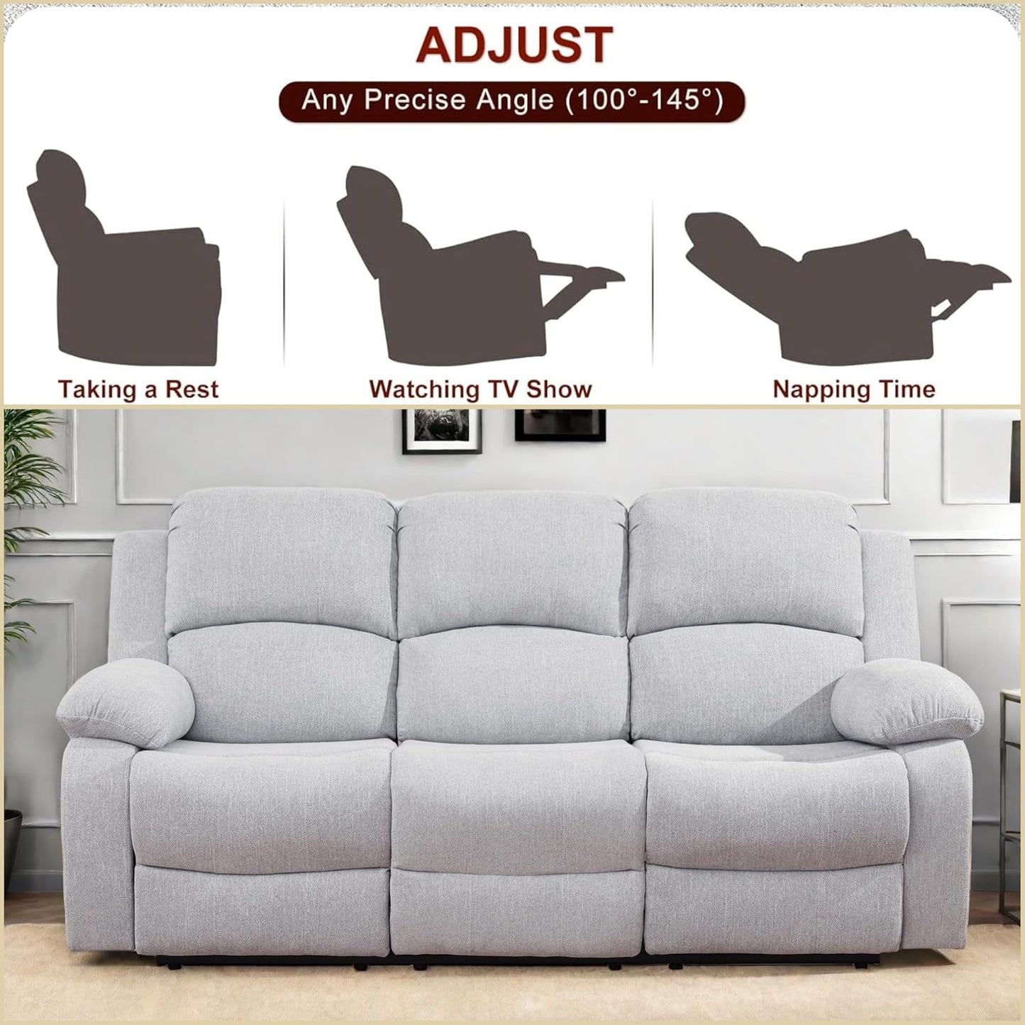 Recliner Sofa Couch, 3-Seater Home Theater Seating Reclining Sofa, Power Reclining Couch with Cup Holders & Drop Down Table for Living Room Furniture Sets, Grey White
