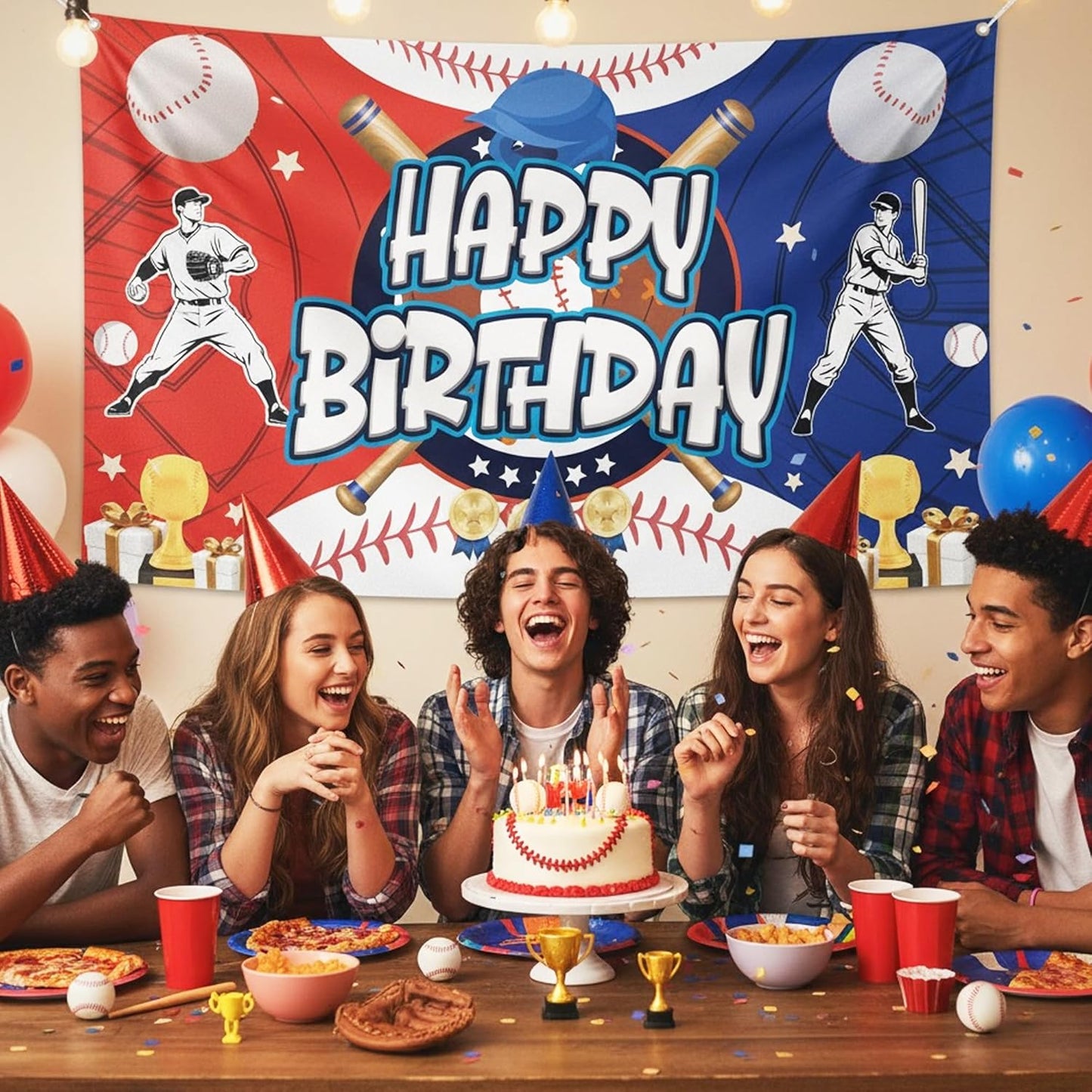 Baseball Happy Birthday Banner Backdrop - Baseball Party Decorations Vinyl Photo Background, Sports Theme Birthday Party Supplies for Kids Teenager Adults (71x43 in)