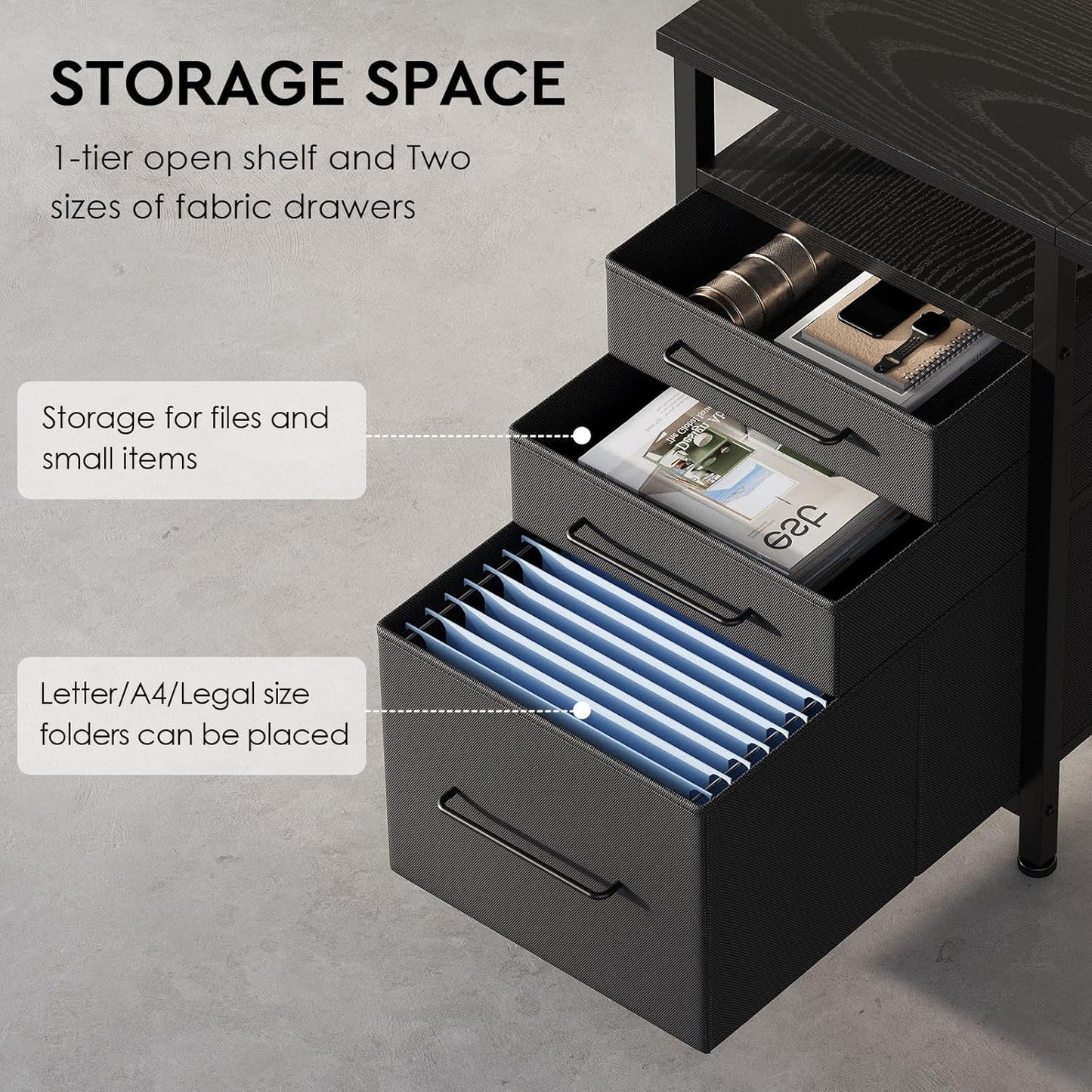 Ｍａｉｈａｉｌ Maihail Small Desk with Drawers, 47 inch Computer Desk with Shelves, Writing Desk with Storage, Small Office Desk with Metal Frame, Black