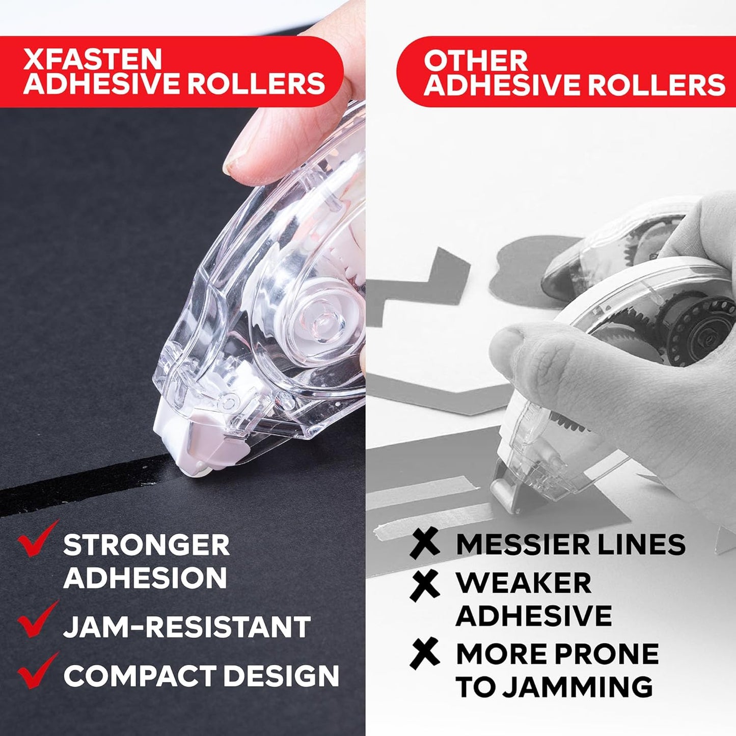 XFasten Glue Tape Roller Runner, Clear, Acid-Free, Zero-Jamming 0.3-inch x 360-inch (4-Pack, 1440-inches Total) Double Sided Gift Wrapping Tape for Scrapbooking, Journal, Photo, Card Making