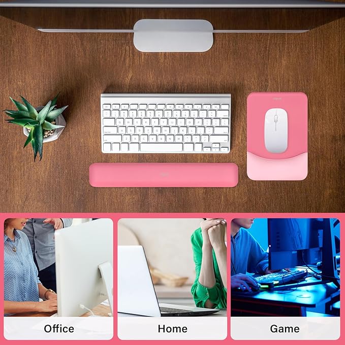 MOSISO Wrist Rest Support for Mouse Pad&Keyboard Set, Rectangular Ergonomic Mousepad Non-Slip Base Home/Office Pain Relief&Easy Typing Pad with Neoprene Cloth&Raised Silicone Lining, Melon Pink