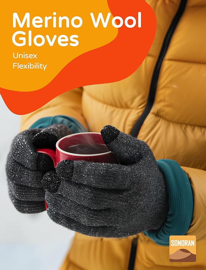 Merino Wool Gloves for Women Men, Touch Screen Warm Glove Liners Thermal Soft Knit Lining for Winter Running Hiking
