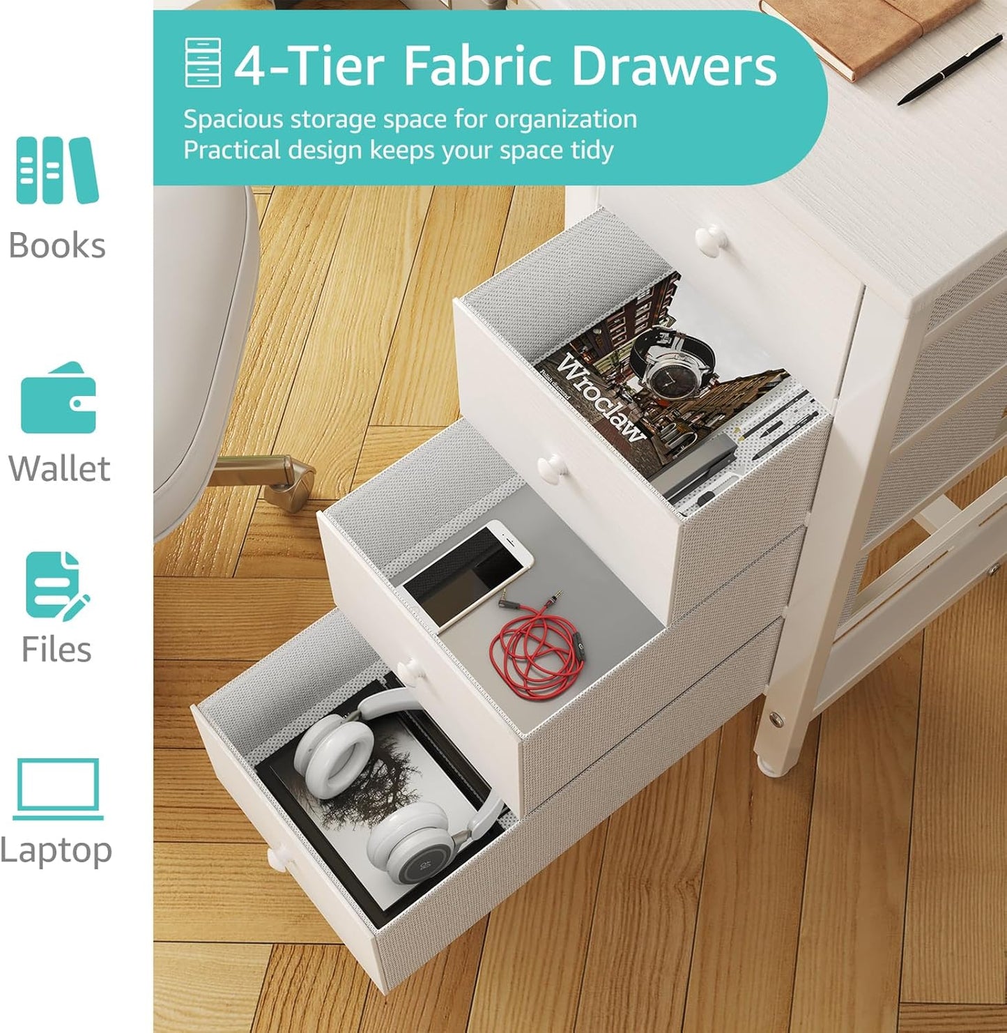 Lufeiya White Computer Desk with Fabric Drawers, 47 Inch Reversible Study Work Writing Desk for Home Office Bedroom, Simple Modern Cute PC Desks with Drawer, White
