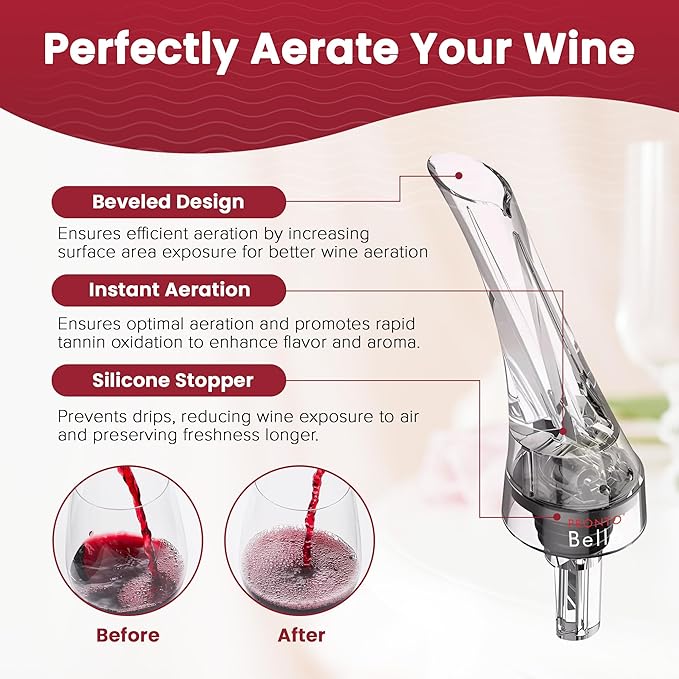 The Easy Pour Wine Aerator Spout by Pronto Bella, Professional Wine Aerator Attaches to Bottle for Improved Flavor, Enhanced Bouquet, Rich Finish No-Drip, Spill-Free Design, Gift for Your Wine Friends