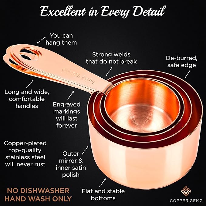Copper Measuring Cups and Spoons Set of 9 - Luxurious Gift Packaging. Copper Gifts for 7th Anniversary for Her or Him. Gifts for Women, Men, Couple. 7 year or 22nd Wedding Anniversary. Rose Gold Gifts