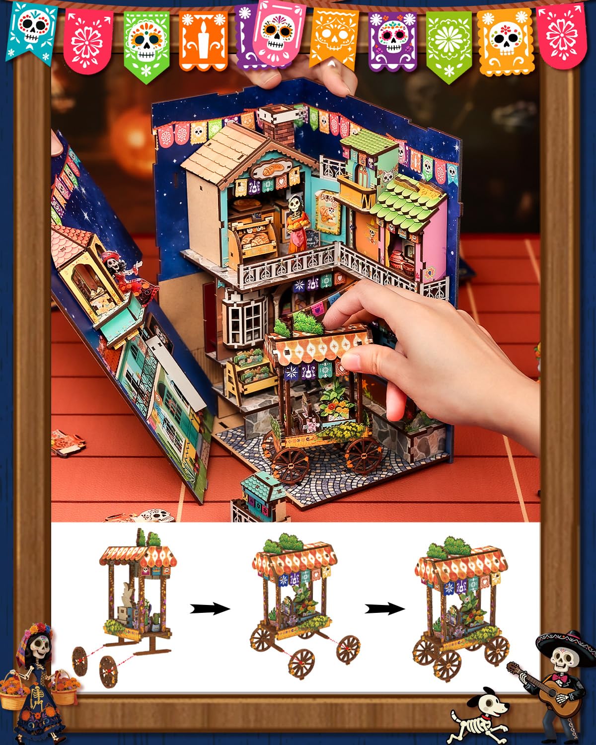 CUTEBEE Book Nook Kit - Mexican Fiesta DIY Miniature Dollhouse, Vibrant LED Bookshelf Decor Alley Model for Adults Teens, Gifts for Family and Friends（Plaza de Los Muertos）