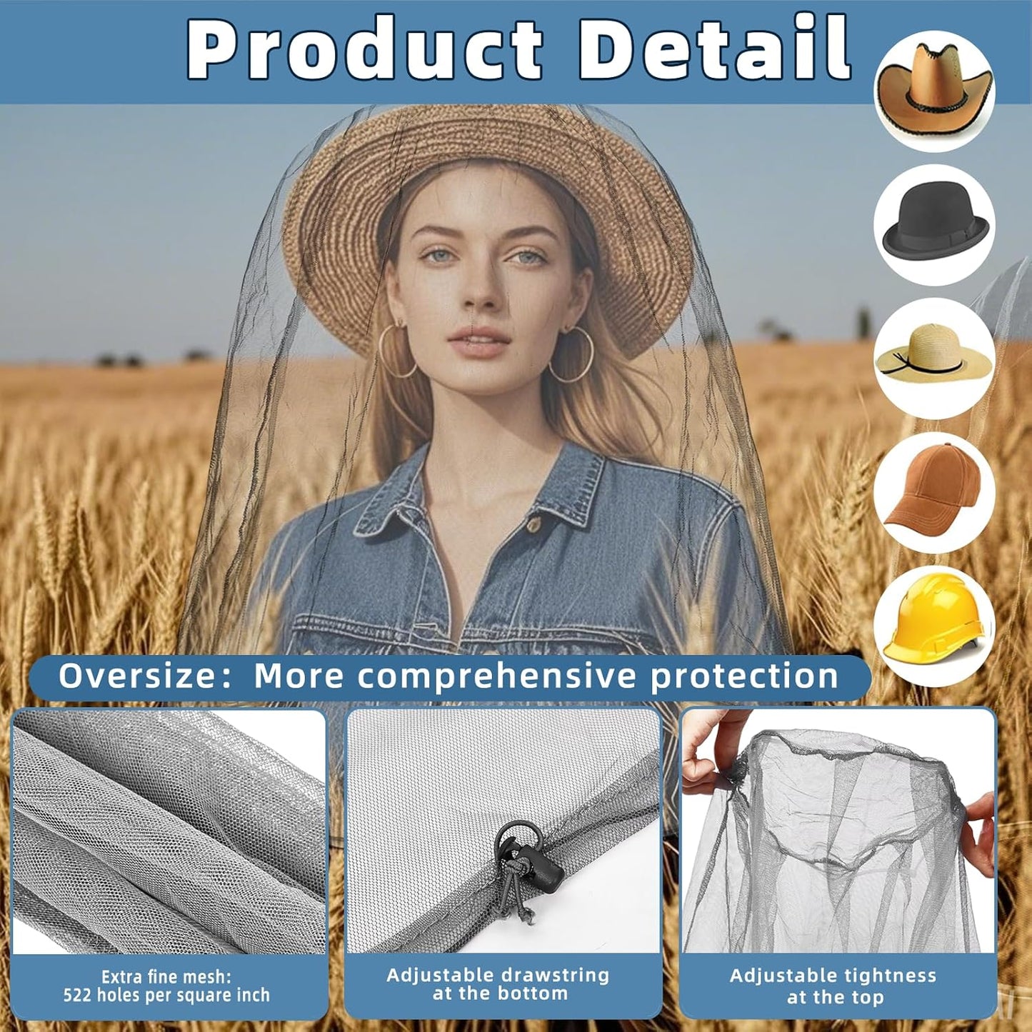 Oversized Mosquito Net 42 x 25 Inches Ultra Large Mosquito Head Net Face Neck Fly Mesh Netting Fits All Hats for Outdoor Camping Hiking Fishing Gardening Safari(Light Gray)