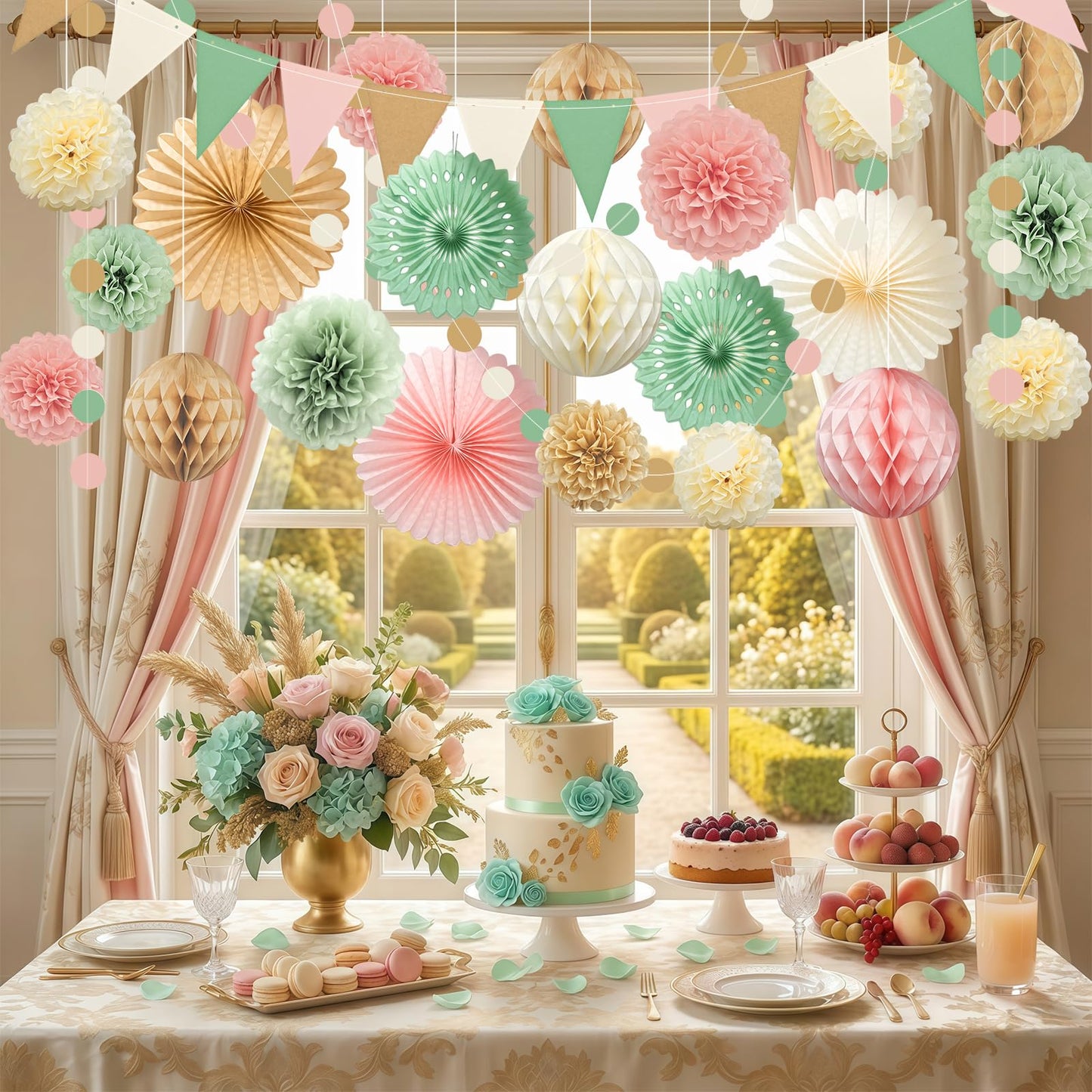 Ycitusi 33Pcs Boho Party Decorations | Sage Green & Peach Pink Photo Backdrop Set | Paper Fans, Tissue Pom Poms, Honeycomb Balls Garlands for Woodland Birthday, Neutral Baby Shower, Rustic Wedding