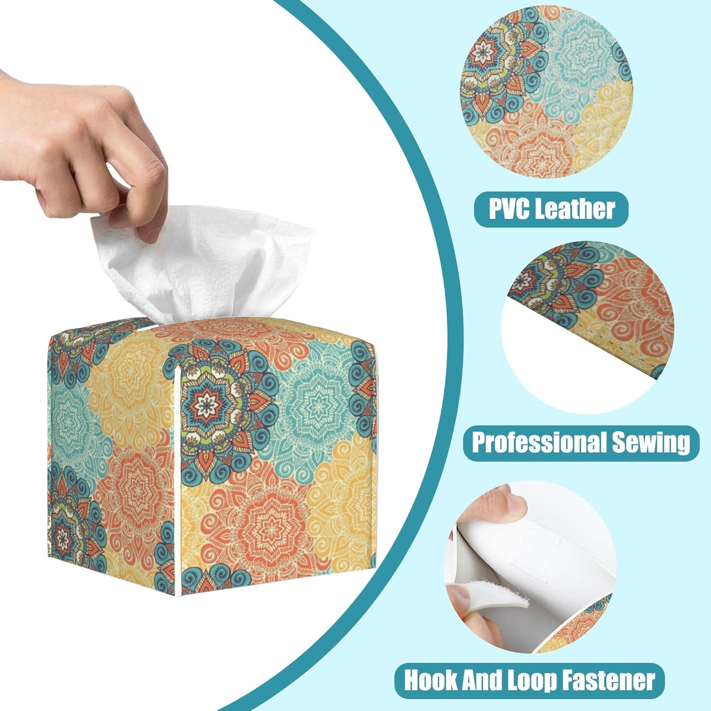 Vintage Floral Motifs Tissue Box Cover Square,Leather Tissue Holder with Bottom Belt,Waterproof Leather Facial Paper Organizer Tissue Box Cover for Office Bathroom Vanity Countertop,5.2" x 5.2" x 5.2"