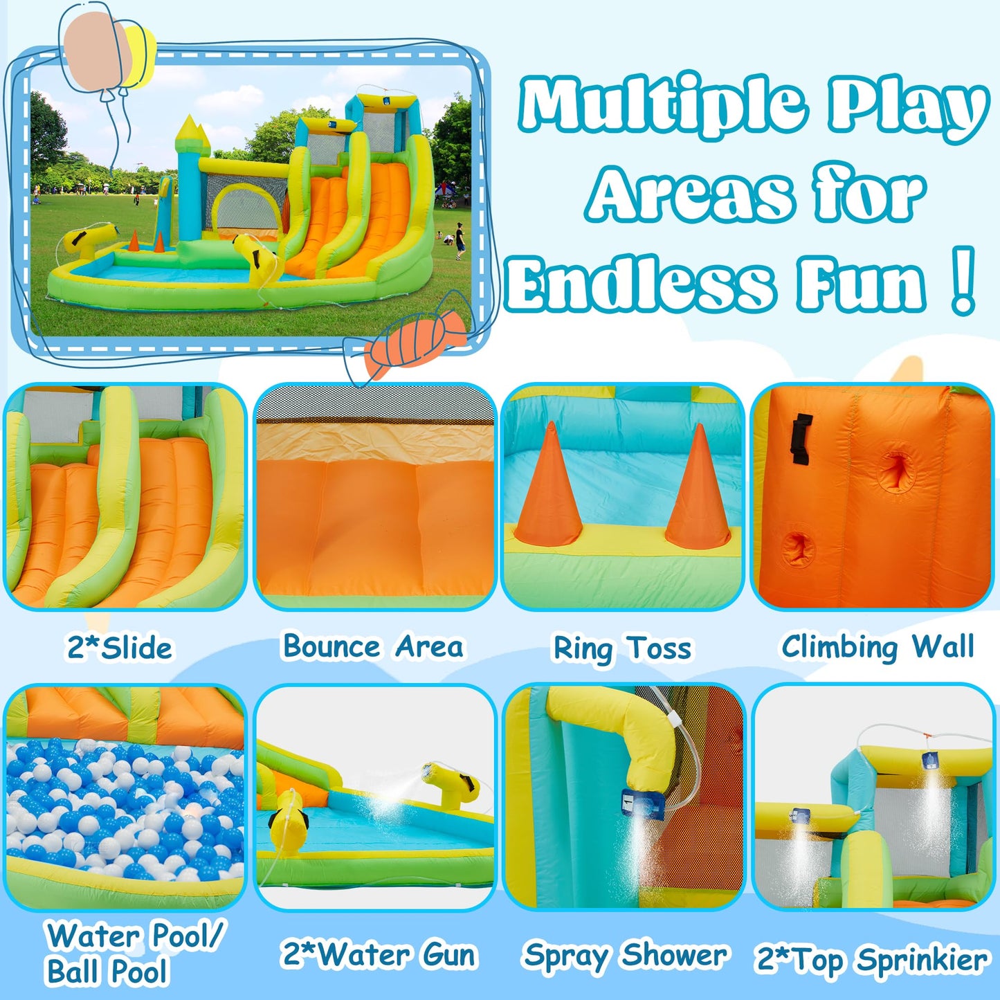 HOMMOW Inflatable Water Slide,10 in 1 Water Park Bounce House for Kids 3-12 with Blower,Splash Pool, 2 Slides, Water Cannon, Climbing Wall,Blow up Water Slides for Kids Outdoor Backyard