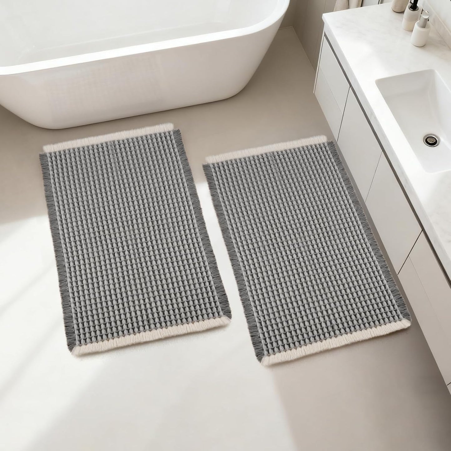 ArtyCozy Waffle Bath Mat Set of 2, Super Absorbent Soft Non-Slip Boho Bath Rugs with Flat-Woven Hot Glue Backing for Bathroom, Machine Washable Bath Mats, 18" × 30" Plus 18" × 30", Grey & White